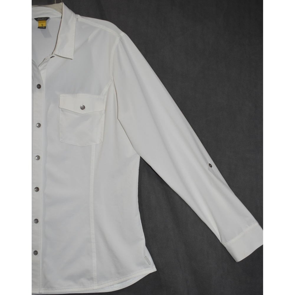 Eddie Bauer XL Women Departure Shirt Ivory Roll Tab Sleeve Button Up Stretch - Picture 16 of 16